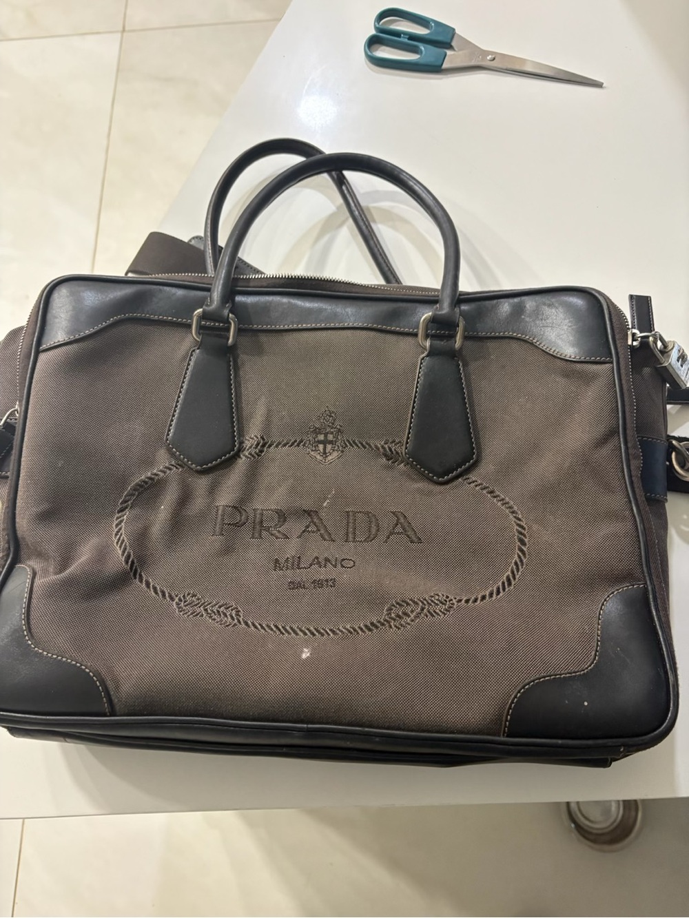 Prada Jacquard Brown Canvas & Black Leather Tote bag and or Briefcase Bag
